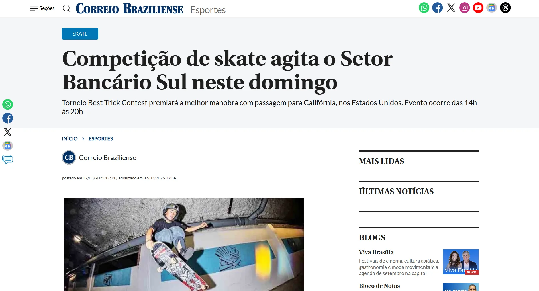 Competição de skate agita o Setor Bancário Sul neste domingo