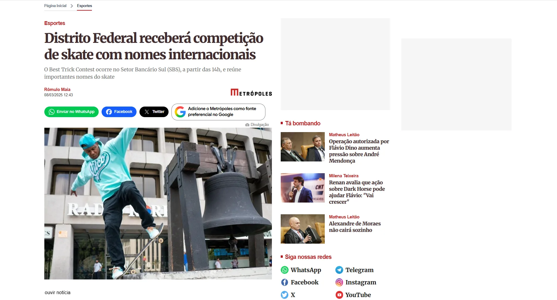Distrito Federal receberá competição de skate com nomes internacionais