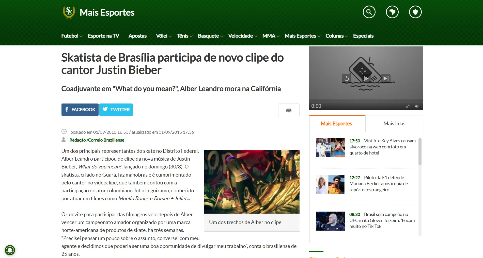 Skatista de Brasília participa de novo clipe do cantor Justin Bieber